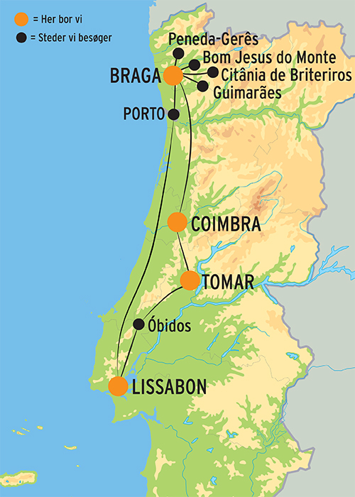Kort over rejsen til Nordportugal